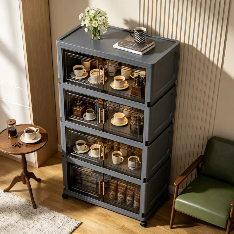 3/4/5/6-layer foldable coffee storage cabinet with wheels, stackable coffee storage box with transparent doors, foldable rolling organizer, suitable for kitchen pantry, bedroom, living room, office, gray