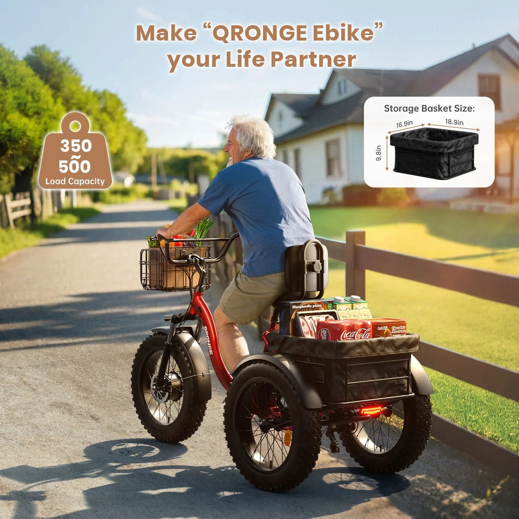 QRONGE Electric Bike for Adults 960W Peak 36V 13.5AH Battery, Folding Electric Fat Tire Tricycle, 50 Miles Range