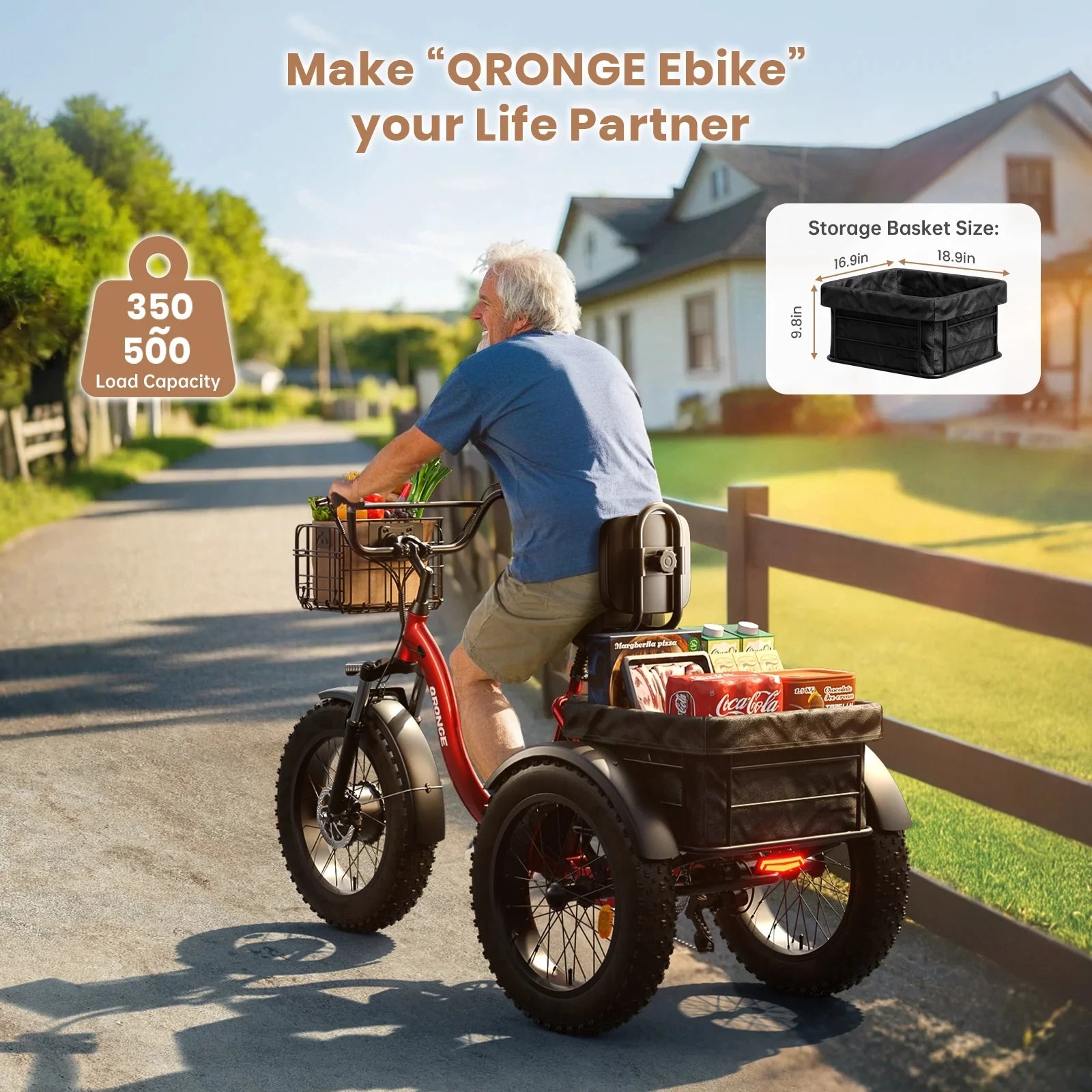 QRONGE Electric Bike for Adults 960W Peak 36V 13.5AH Battery, Folding Electric Fat Tire Tricycle, 50 Miles Range
