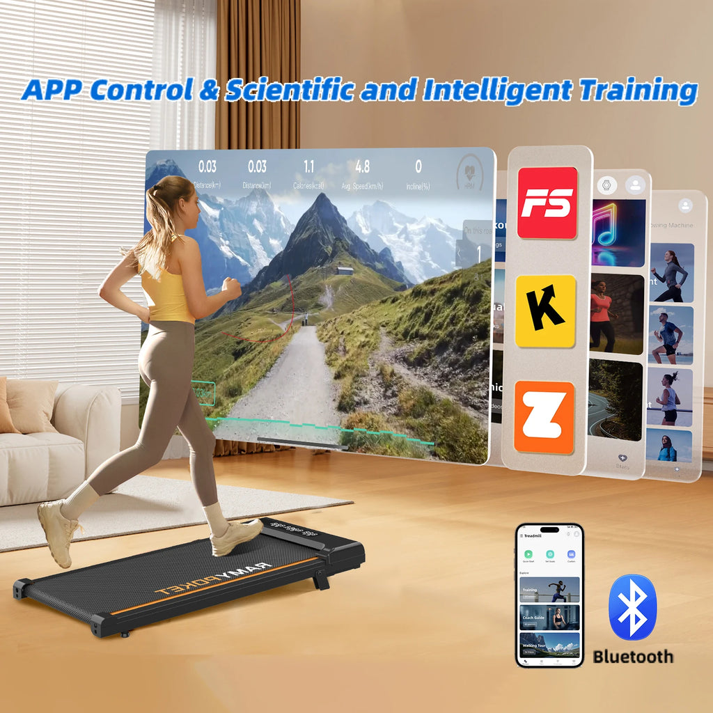 RAMYPOKET Foldable Walking Pad with 9% Incline Silent Motor Smart APP Three Window Display 1–8KM/H Speed 120KG Capacity Treadmill for Home Office