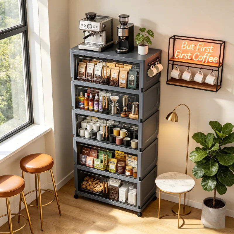 3/4/5/6-layer foldable coffee storage cabinet with wheels, stackable coffee storage box with transparent doors, foldable rolling organizer, suitable for kitchen pantry, bedroom, living room, office, gray