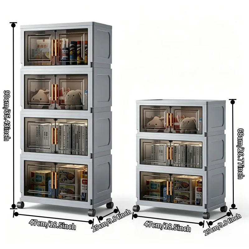 3/4/5/6-layer foldable coffee storage cabinet with wheels, stackable coffee storage box with transparent doors, foldable rolling organizer, suitable for kitchen pantry, bedroom, living room, office, gray