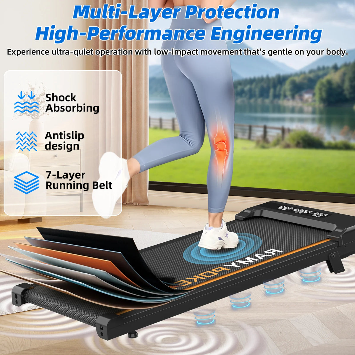 RAMYPOKET Foldable Walking Pad with 9% Incline Silent Motor Smart APP Three Window Display 1–8KM/H Speed 120KG Capacity Treadmill for Home Office