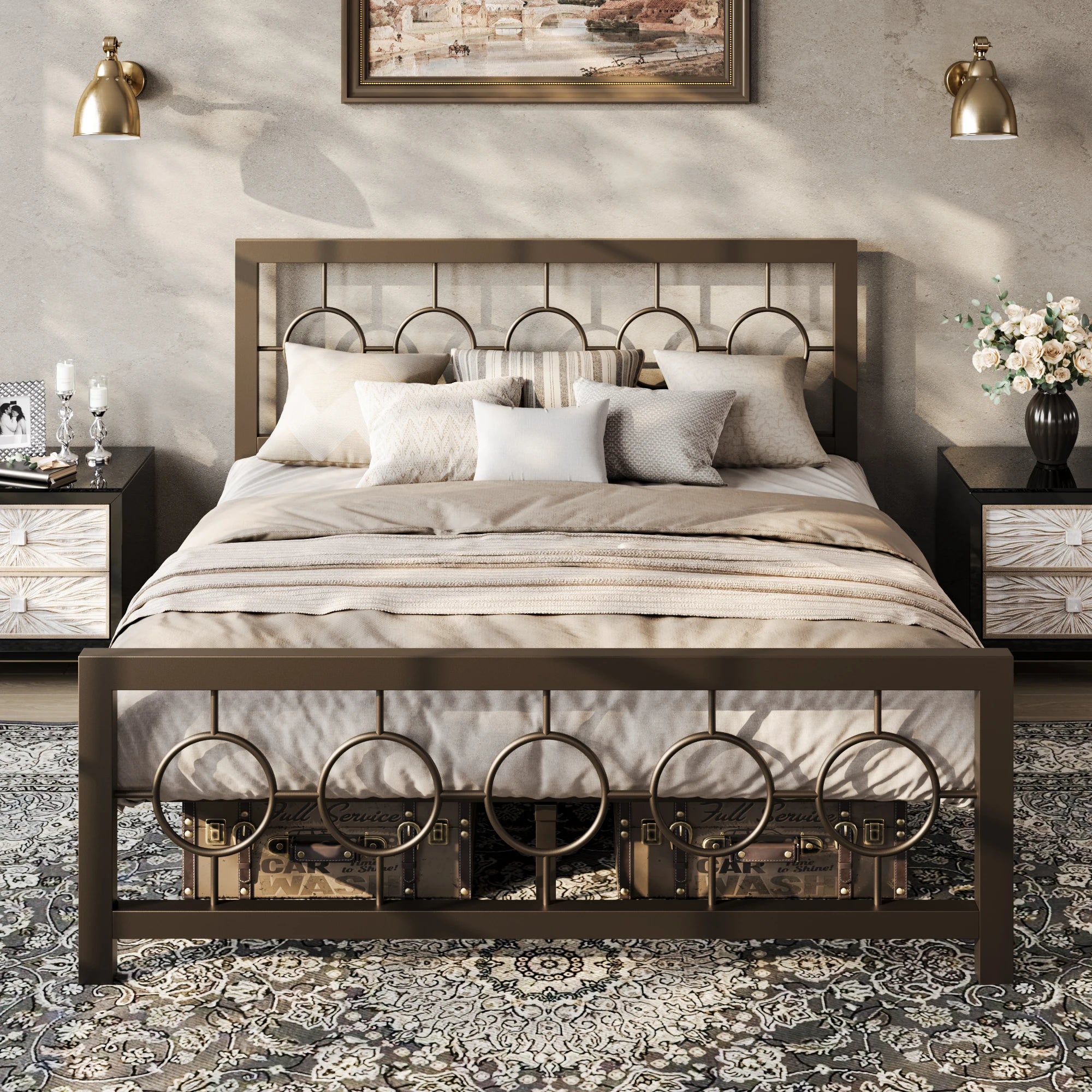 HOOMIC Metal Platform Bed Frame with Vintage Circular Design Headboard and Footboard