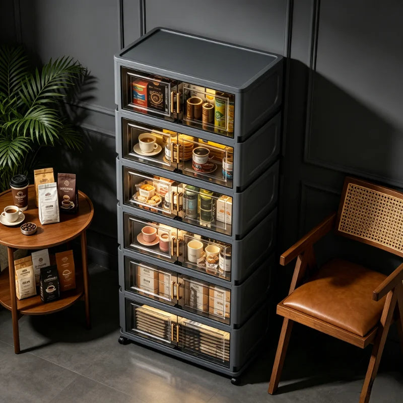 3/4/5/6-layer foldable coffee storage cabinet with wheels, stackable coffee storage box with transparent doors, foldable rolling organizer, suitable for kitchen pantry, bedroom, living room, office, gray