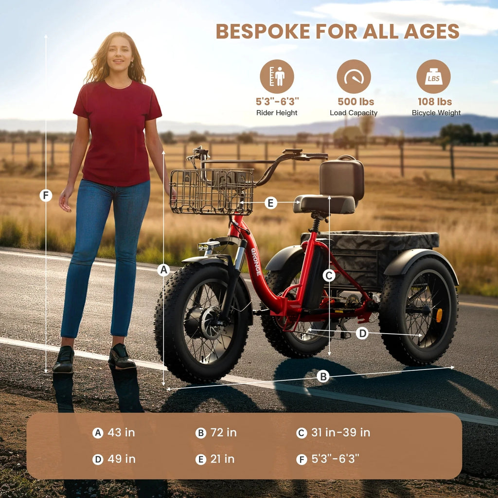 QRONGE Electric Bike for Adults 960W Peak 36V 13.5AH Battery, Folding Electric Fat Tire Tricycle, 50 Miles Range