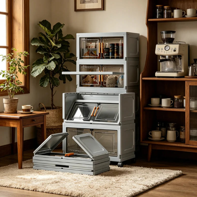 3/4/5/6-layer foldable coffee storage cabinet with wheels, stackable coffee storage box with transparent doors, foldable rolling organizer, suitable for kitchen pantry, bedroom, living room, office, gray