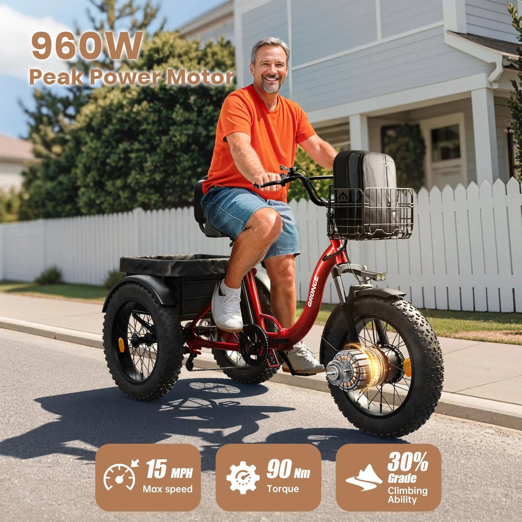 QRONGE Electric Bike for Adults 960W Peak 36V 13.5AH Battery, Folding Electric Fat Tire Tricycle, 50 Miles Range