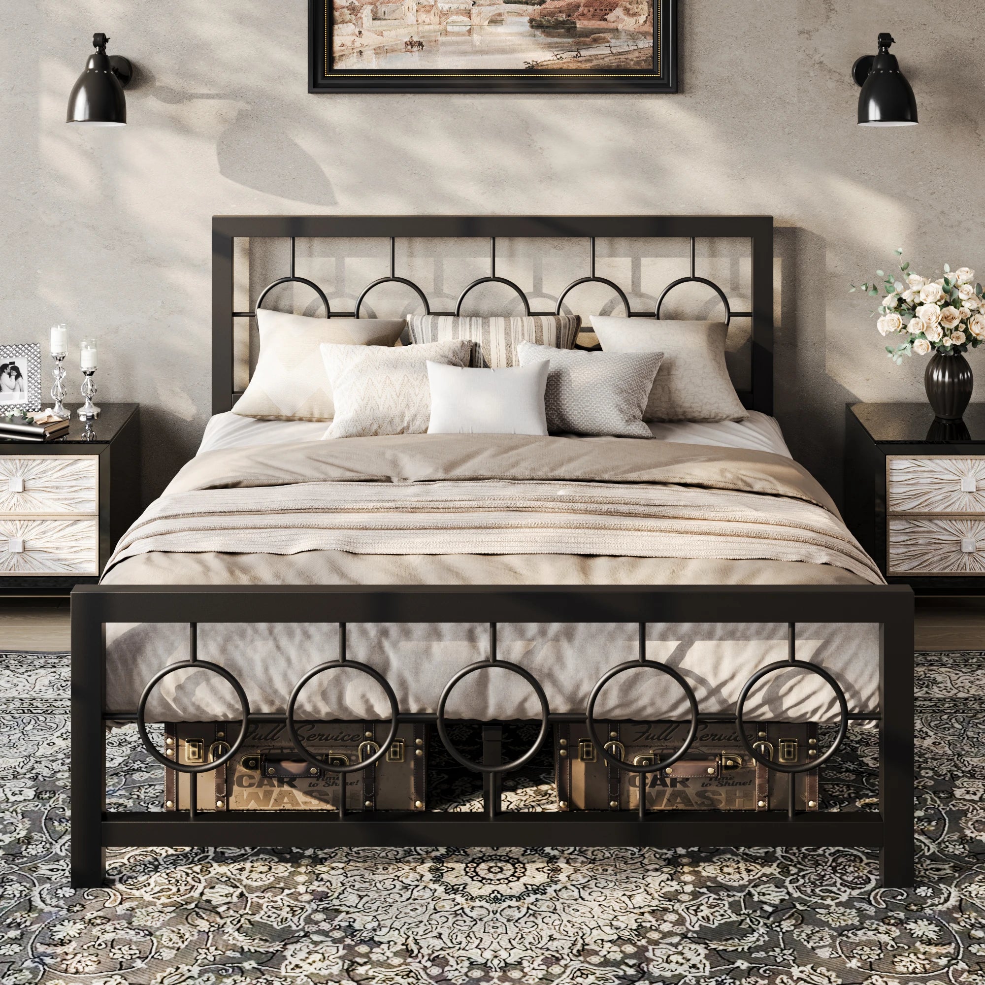 HOOMIC Metal Platform Bed Frame with Vintage Circular Design Headboard and Footboard
