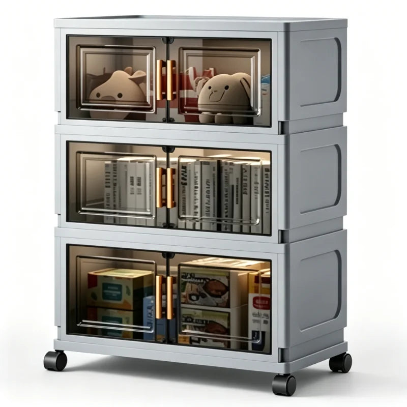 3/4/5/6-layer foldable coffee storage cabinet with wheels, stackable coffee storage box with transparent doors, foldable rolling organizer, suitable for kitchen pantry, bedroom, living room, office, gray
