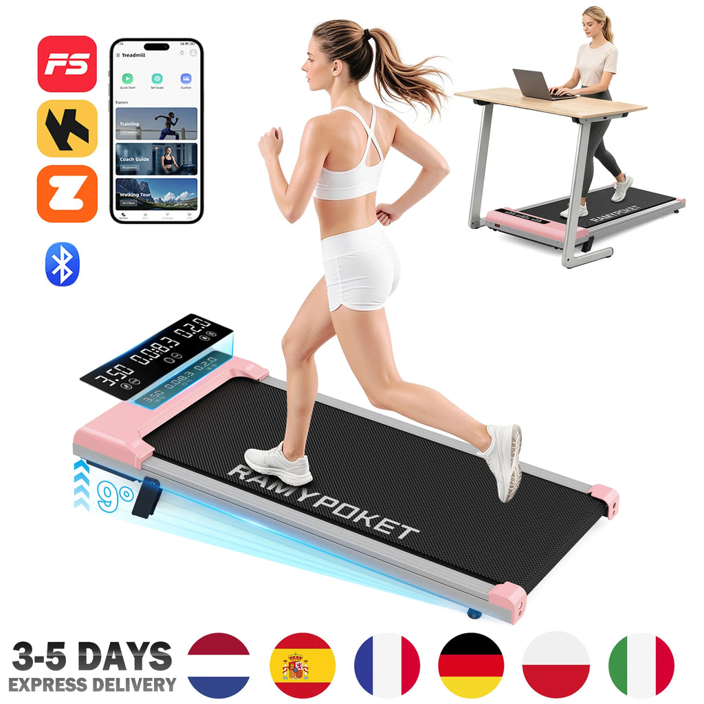 RAMYPOKET Foldable Walking Pad with 9% Incline Silent Motor Smart APP Three Window Display 1–8KM/H Speed 120KG Capacity Treadmill for Home Office