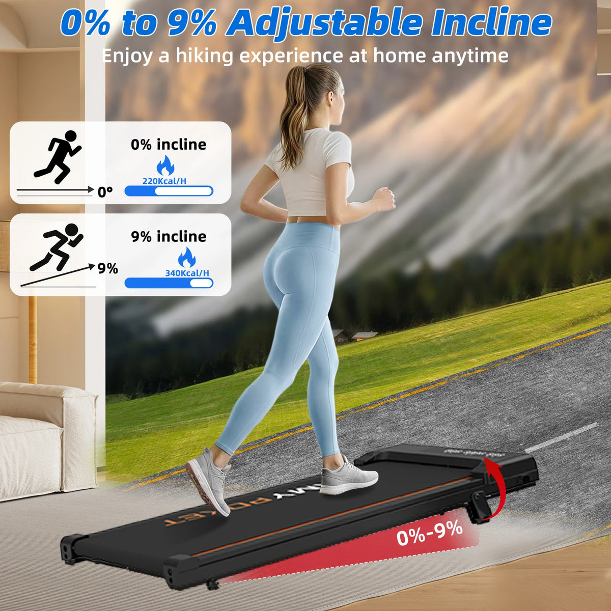 RAMYPOKET Foldable Walking Pad with 9% Incline Silent Motor Smart APP Three Window Display 1–8KM/H Speed 120KG Capacity Treadmill for Home Office