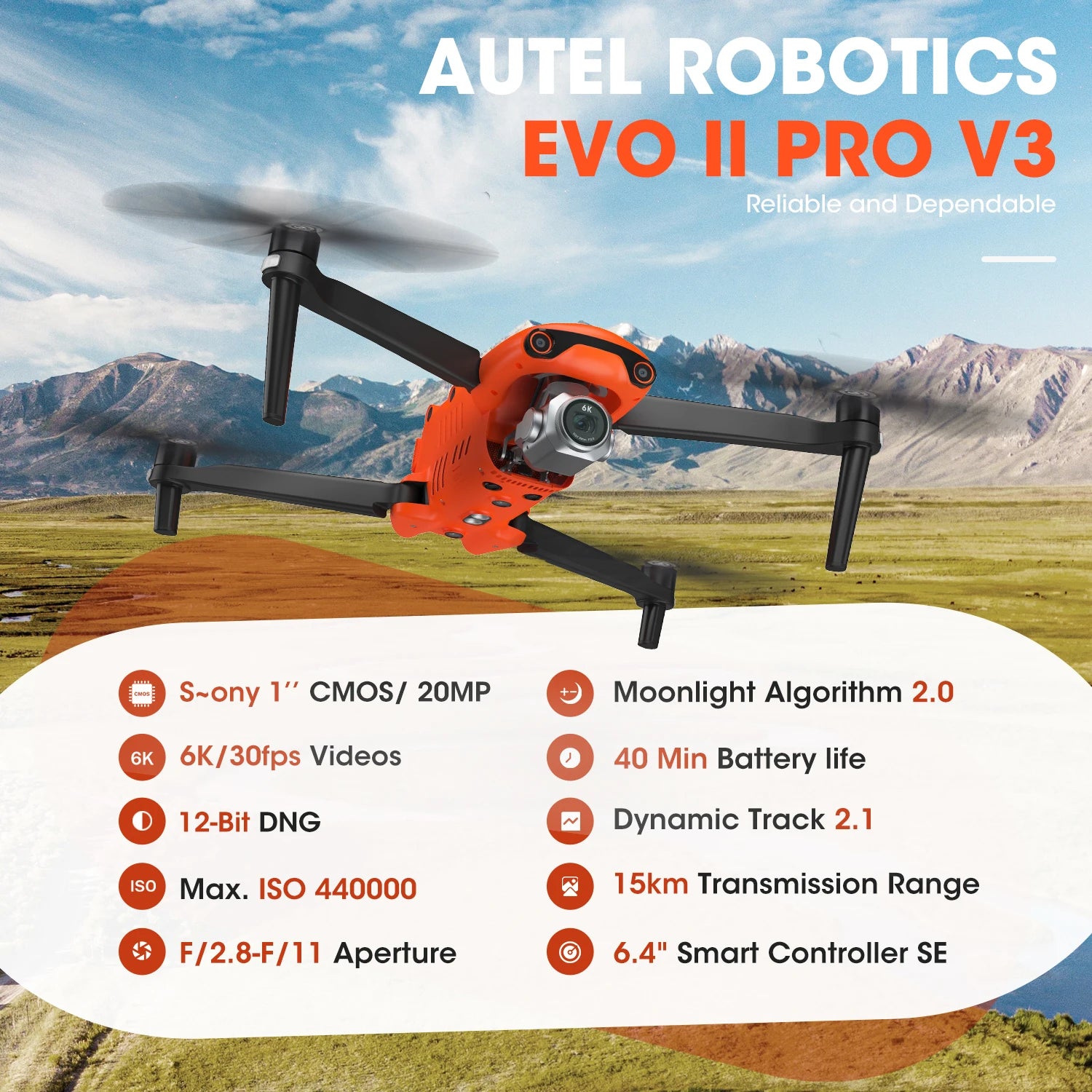 Autel Robotics EVO II Pro V3 Drone 4k Professional 1" CMOS 360° Obstacle Avoidance 12-bit A-Log with 6.4" Smart Controller