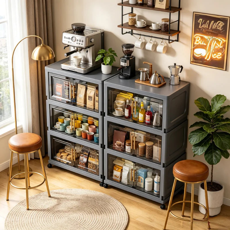 3/4/5/6-layer foldable coffee storage cabinet with wheels, stackable coffee storage box with transparent doors, foldable rolling organizer, suitable for kitchen pantry, bedroom, living room, office, gray
