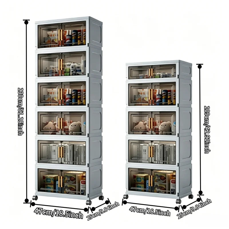 3/4/5/6-layer foldable coffee storage cabinet with wheels, stackable coffee storage box with transparent doors, foldable rolling organizer, suitable for kitchen pantry, bedroom, living room, office, gray