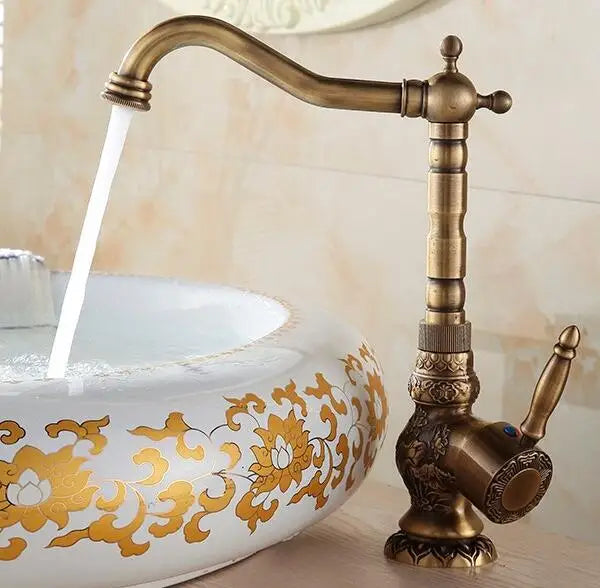 Antique Brass Bathroom Faucet, 360 Rotate, Single Handle