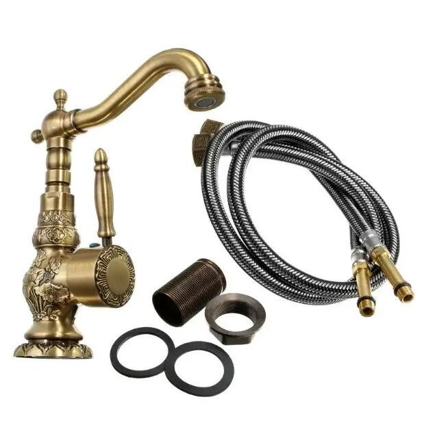 Antique Brass Bathroom Faucet, 360 Rotate, Single Handle