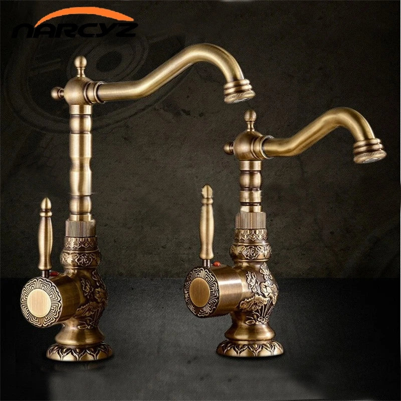 Antique Brass Bathroom Faucet, 360 Rotate, Single Handle