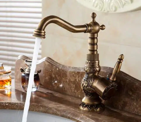 Antique Brass Bathroom Faucet, 360 Rotate, Single Handle