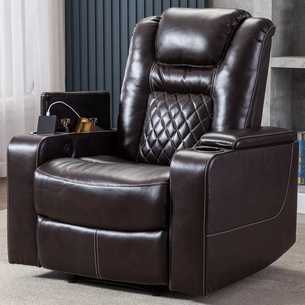 Electric Power Recliner Chair with USB Ports and Cup Holders, Breathable Leather Home Theater Seating,