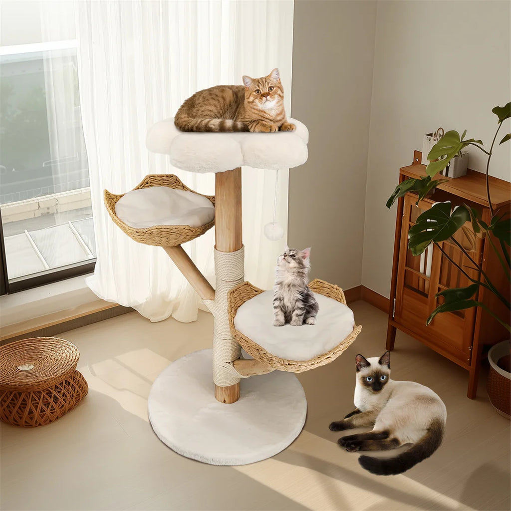 110cm Modern Cat Furniture Climbing Tree Solid Wood Activity Center with Scratching Post