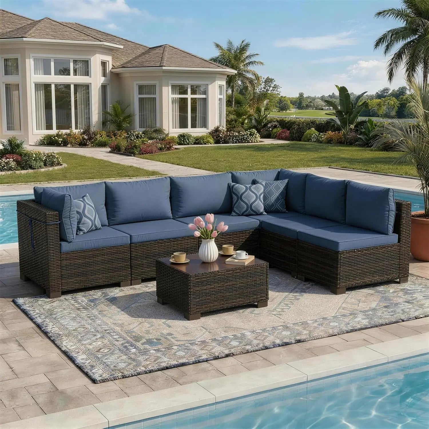 7 Pieces Rattan Wicker Sectional Sofa Set, with Tea Table