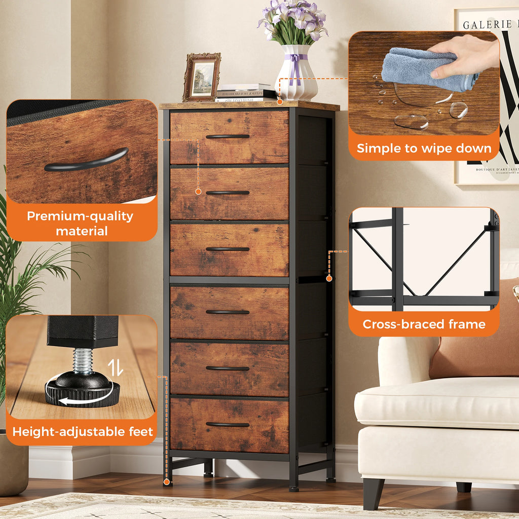 JHK Tall 6 Fabric Drawer Dresser with Wood Top and Metal Frame