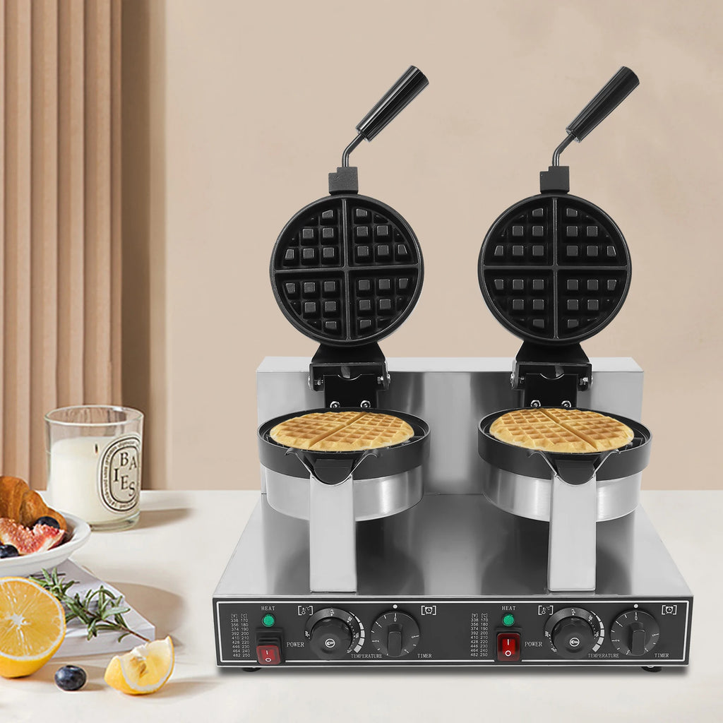 Silver 201 Stainless Steel Waffle Maker,110V Double Head Waffle Maker Machine Tabletop 50*39*30cm for Home,Dessert Stores