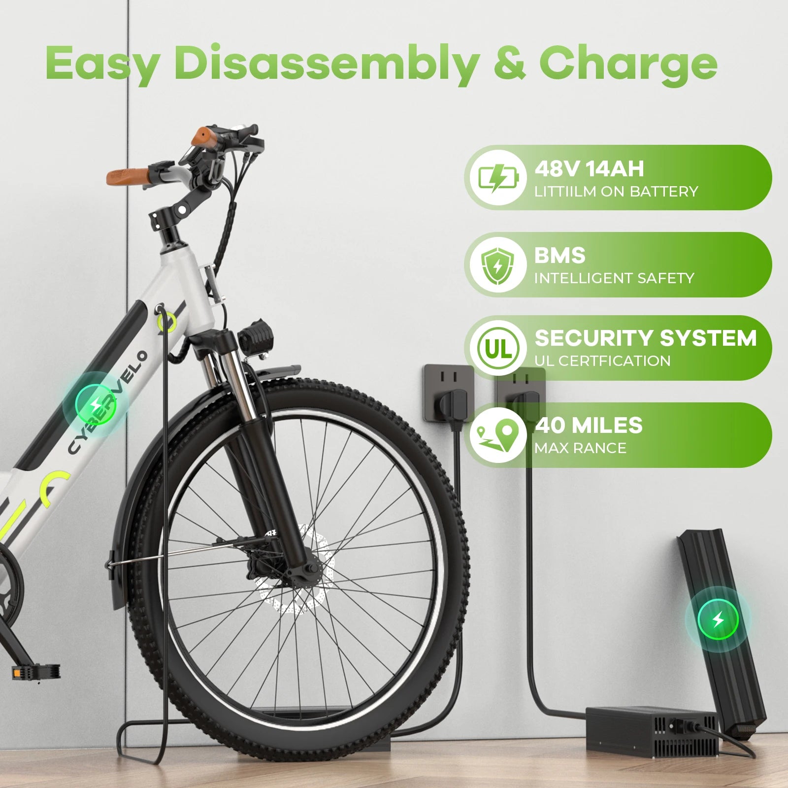 Cybervelo 1000W Peak 26" Electric Bike Adults 80Miles, Removable Battery, 7-Speed Ebike