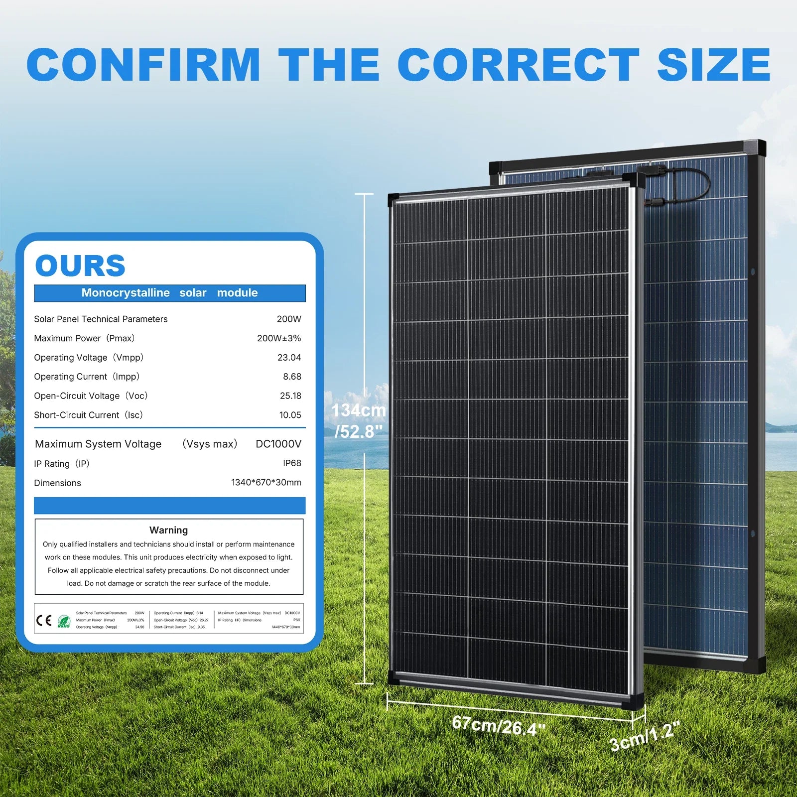 Bifacial 200W N-Type Monocrystalline Solar Panel 18V 18BB Busbar High Efficiency PV Module Dual-Sided Power Generation IP68 Waterproof Off Grid Solar Charger for Home Cabin RV Camper Camping Boat Yacht Battery Power Station O