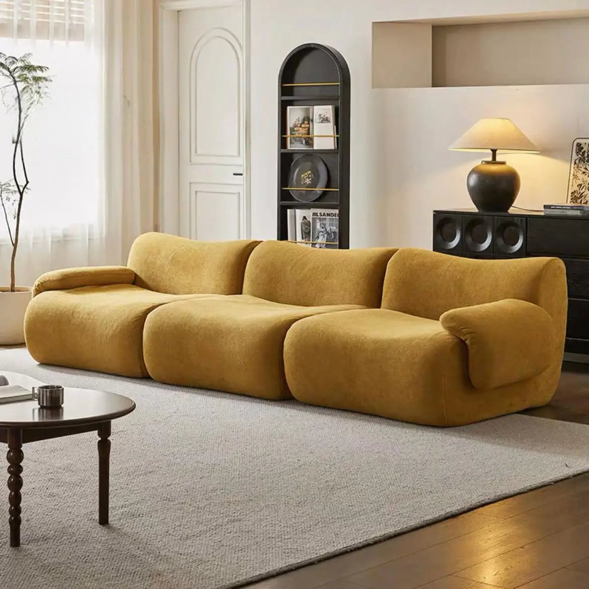 Vacuum-Compressed Modular Sofa, Wabi-Sabi Sherpa Fabric Sectional with High-Elastic Foam, Cream Mid-Century Style,