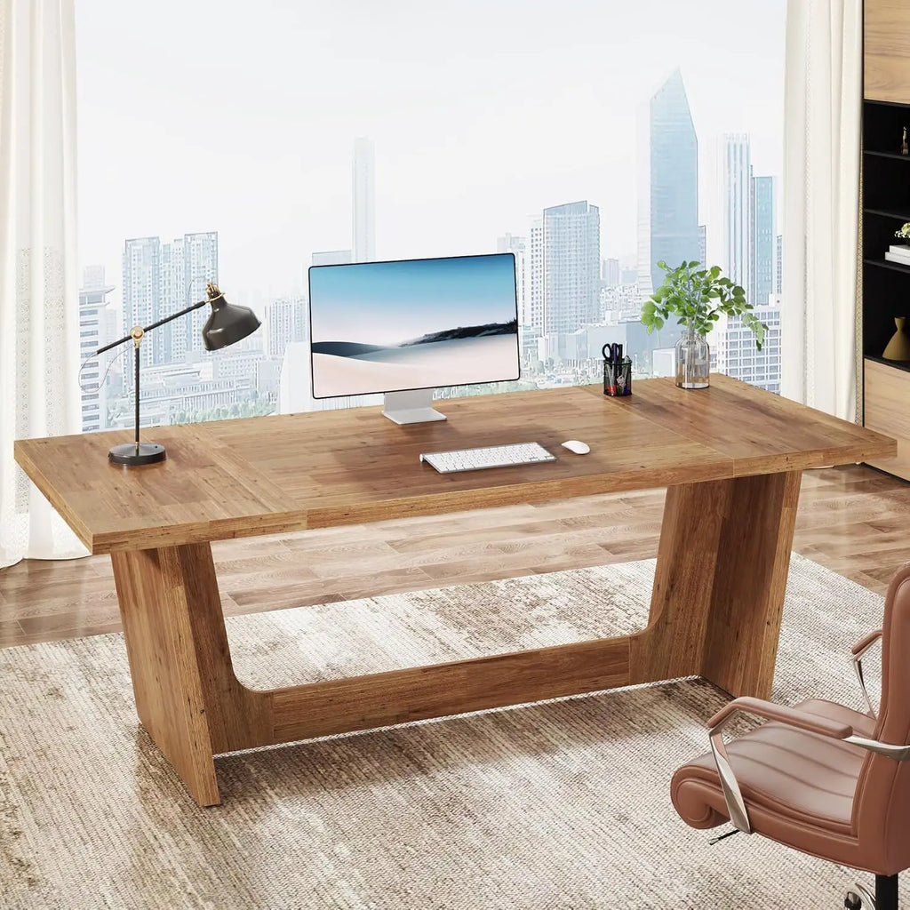 Large Walnut Executive Desk with Wooden Pedestal