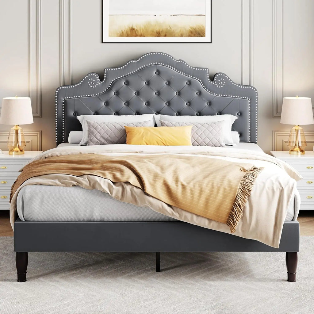 Full Size Upholstered Bed Frame Adjustable Headboard Velvet Tufted, Metal Studs, Wood Slats
