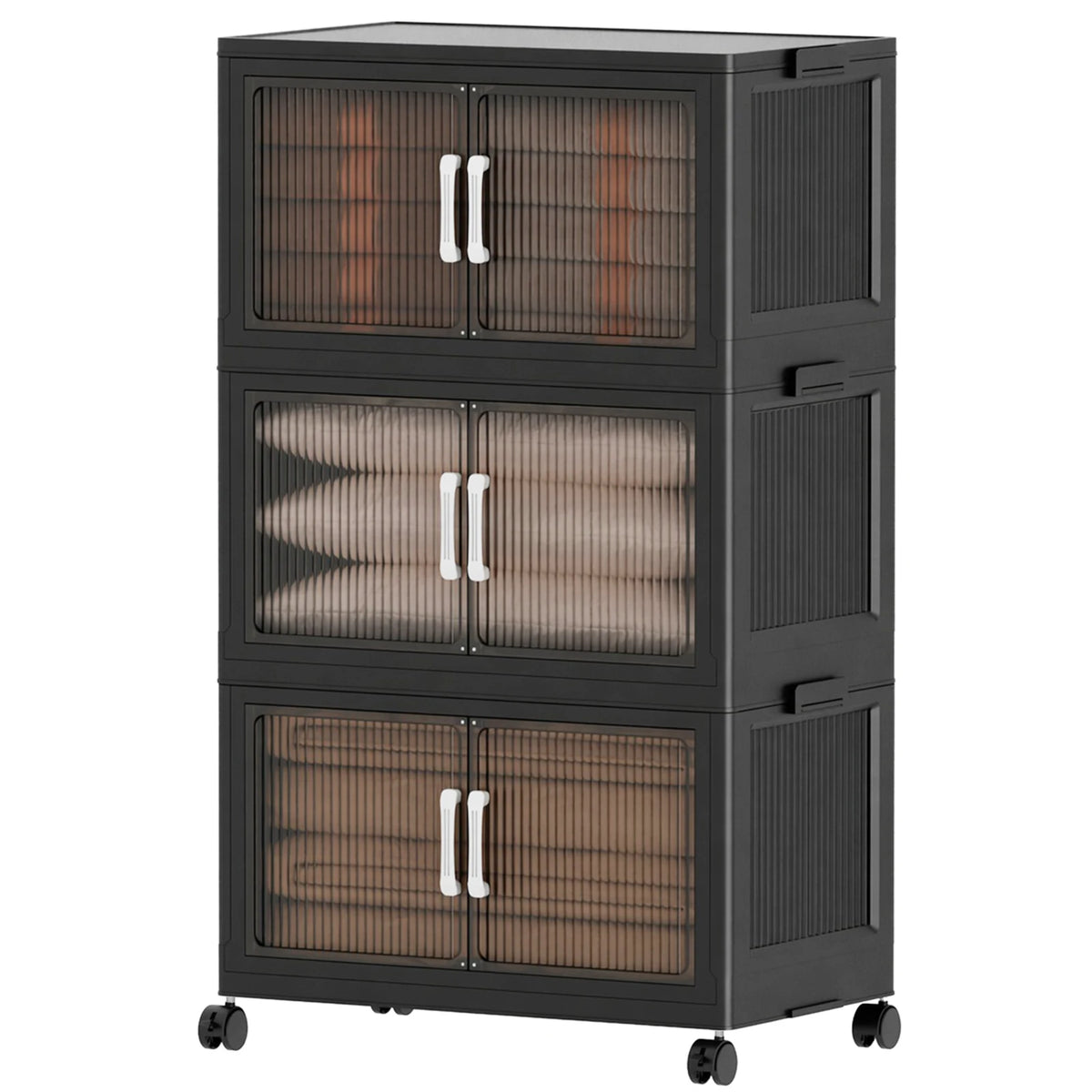 Foldable Storage Cabinets with Wheels, Stackable Plastic Storage Organizers with Transparent Flap Doors,