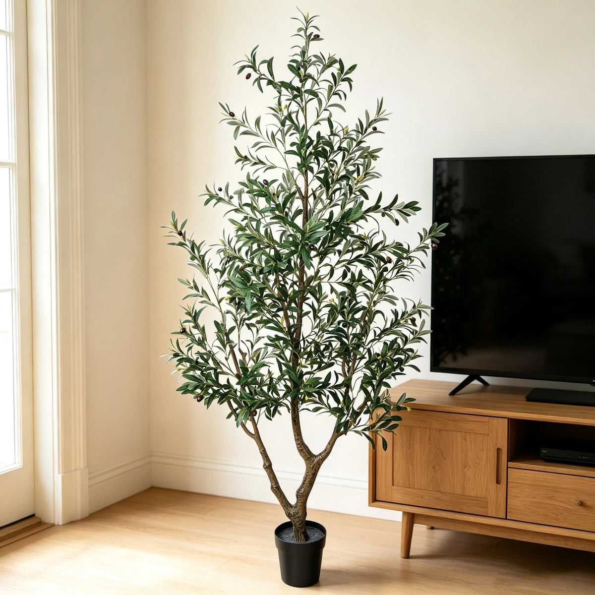 1.5/1.8/2.1m Artificial Olive Tree with Black Pot, Outdoor Indoor Artificial Plant with Natural Wood Trunk and Lifelike Fruits