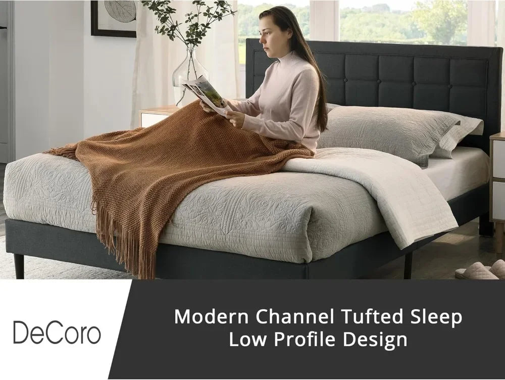 Dark Grey Full Size Upholstered Platform Bed with Button-Tufted Headboard, , Metal Frame & Wood Slat Support