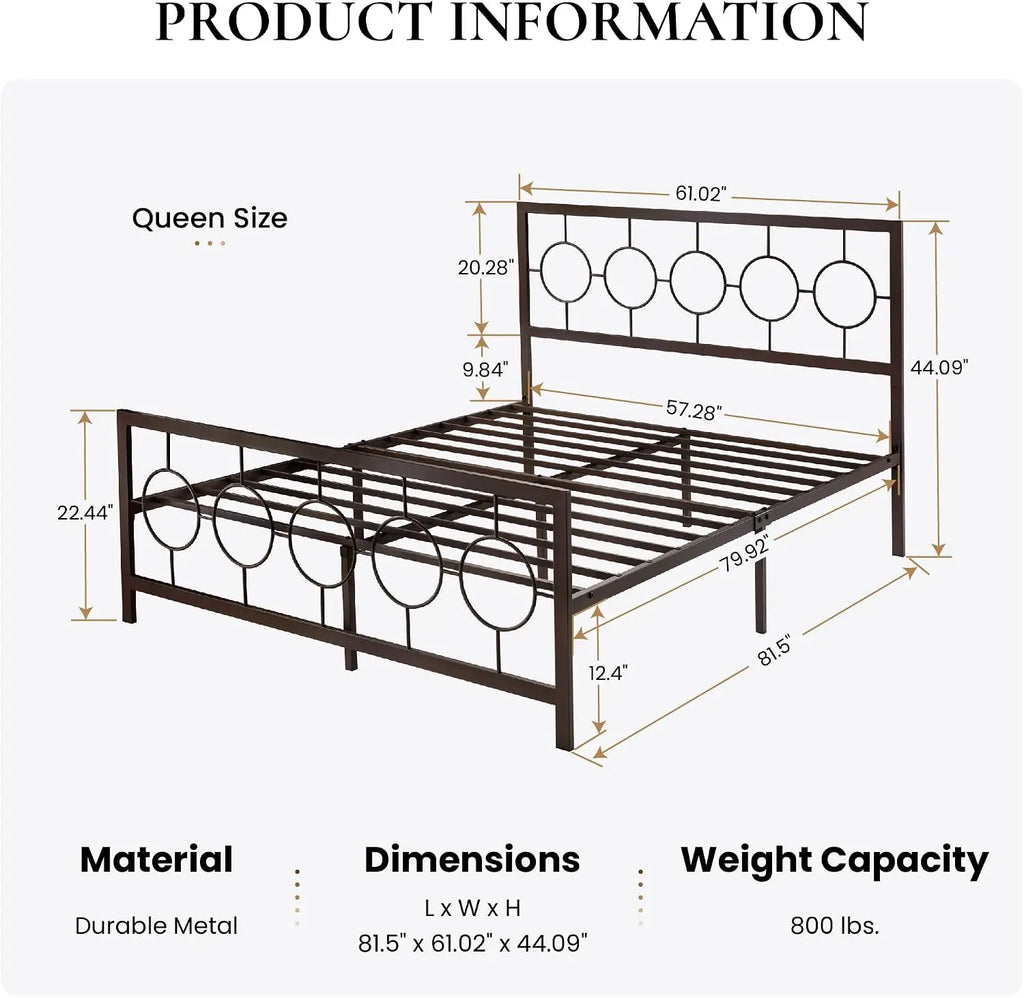 Queen Size Metal Bed Frame with Vintage Circular Design Headboard and Footboard,No Box Spring Required,