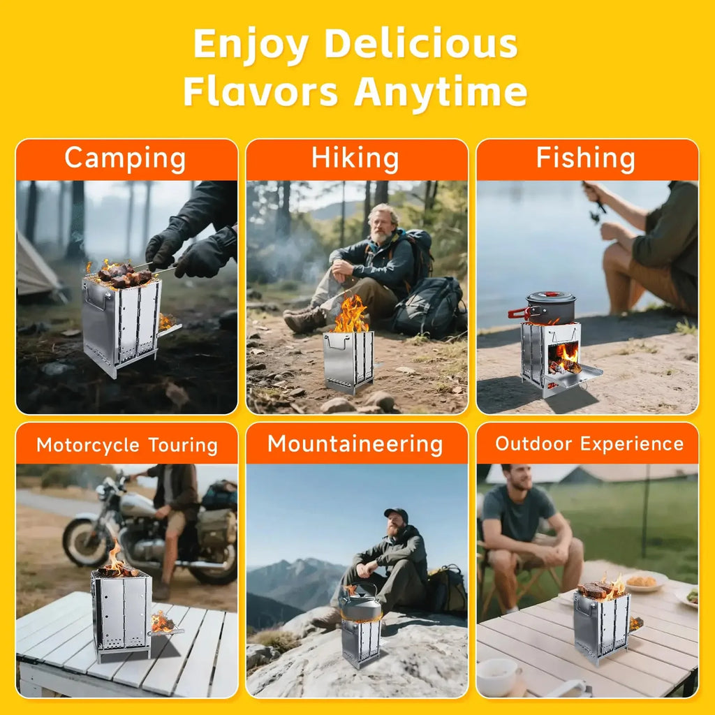 Wood Burning Folding Camp Stove, Stainless Steel Grid,