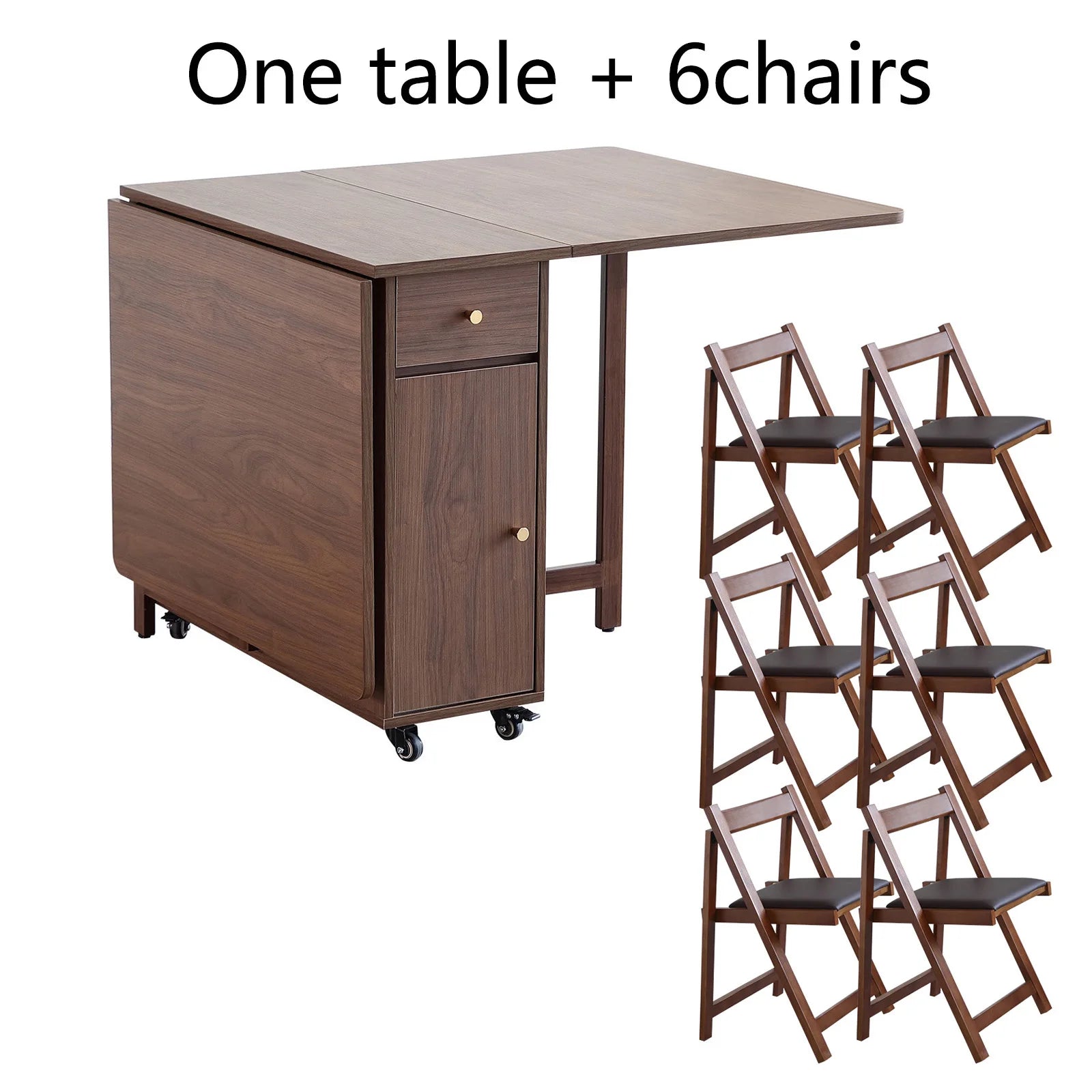 Folding Dining Table and Chairs, with 2 Drawers and 4 Wheels, Space Saving Table