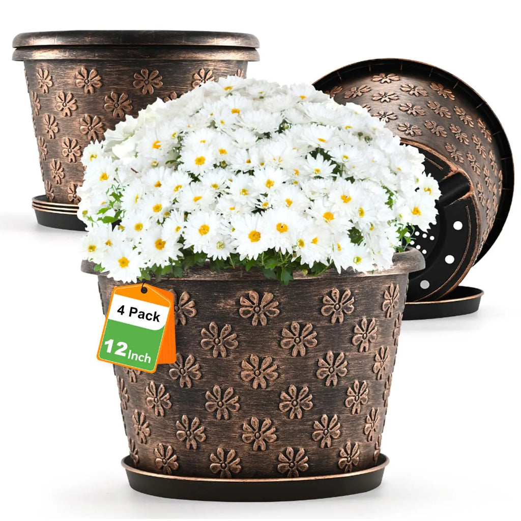 12 & 16 Inch Plastic Flower Pots Indoor Outdoor, 4 Pack Resin Plant Pot with Drainage & Saucer,