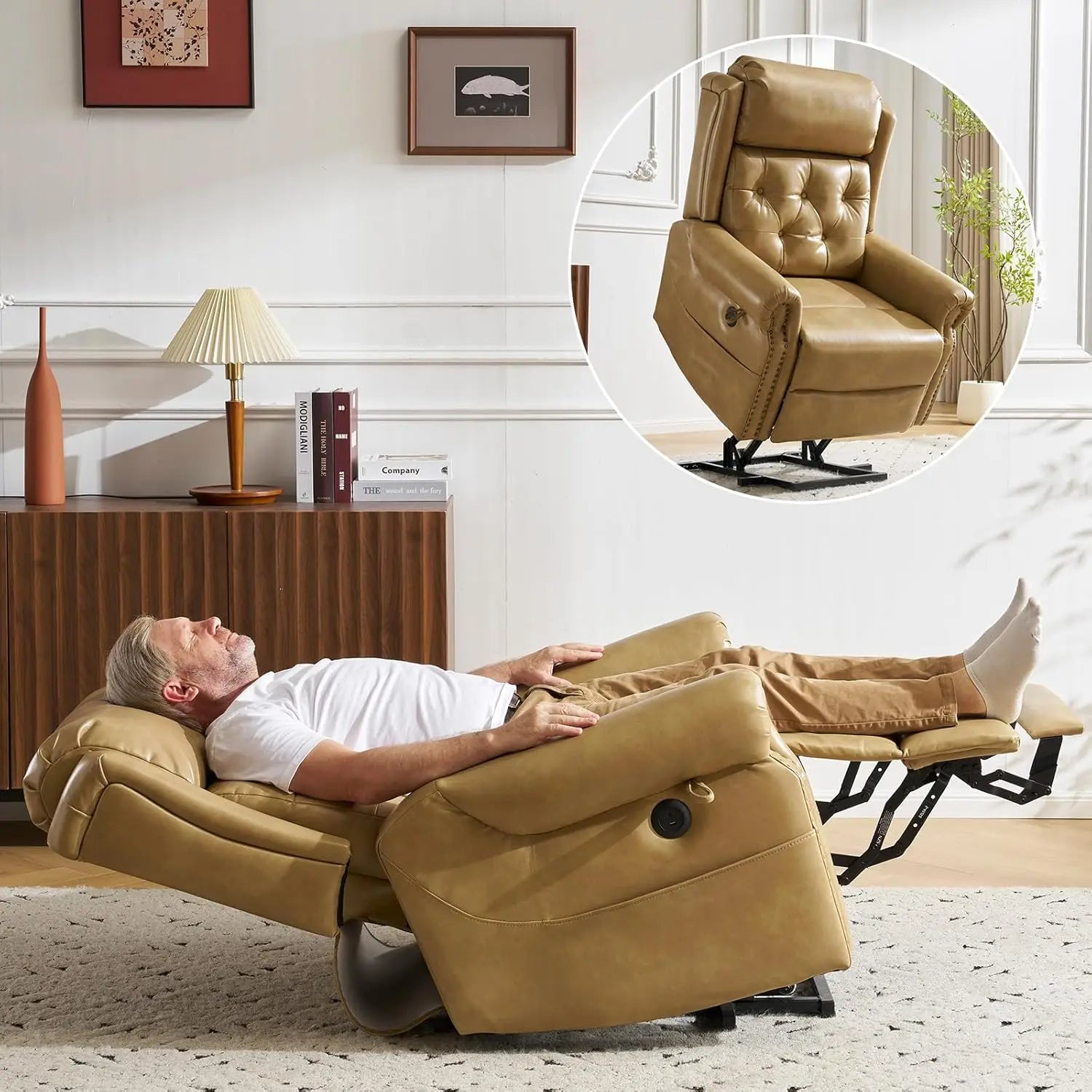 Power Lift Recliner Chair, Lay Flat Massage Heat Adjustable Headrest Extended Footrest USB Ports,