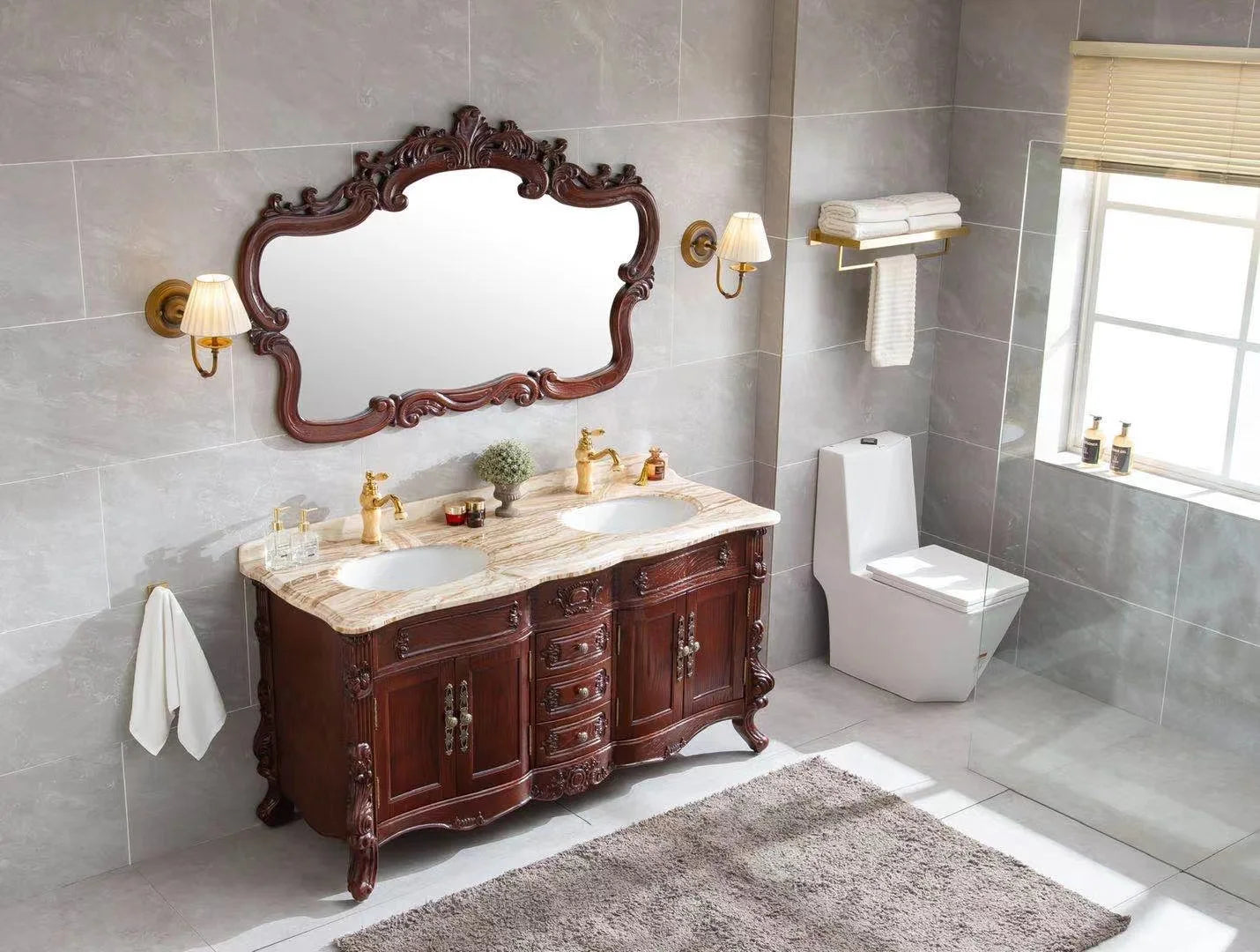 60 inch Double Sink European Bathroom Vanity Cabinet, Nordic American Red Oak Marble