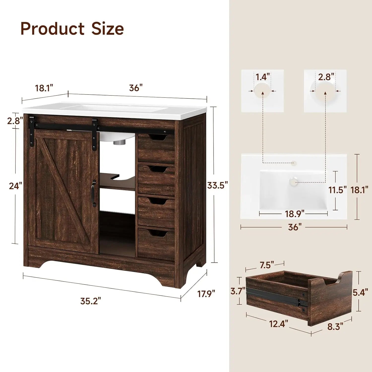 36" Bathroom Vanity with Sink Combo, Farmhouse Sliding Barn Door Bathroom Vanities w/Resin Basin & 4 Drawers,, Custom