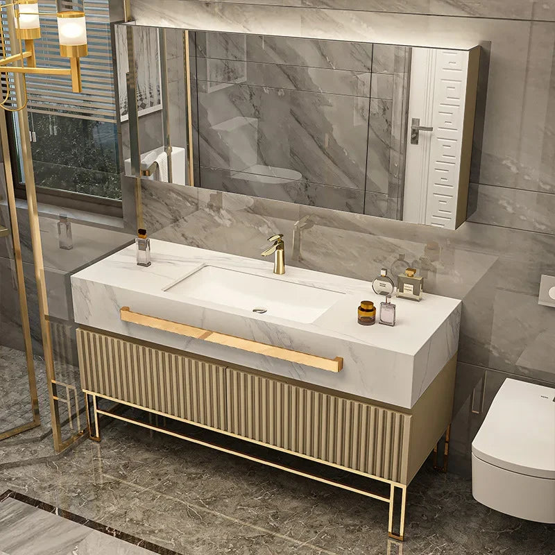 Luxury Bathroom Vanity with Single/Double Slab Ceramic Sink Bathrooms Vanity Smart LED Light Cabinet Sink Bathroom Furniture Set