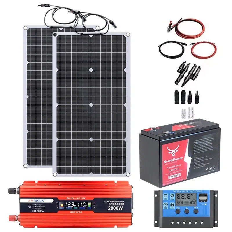 2000W Off-Grid Solar Complete Kit Power 100A Controller,110V 220V Inverter&10AH 30AH LiFePO4 Battery