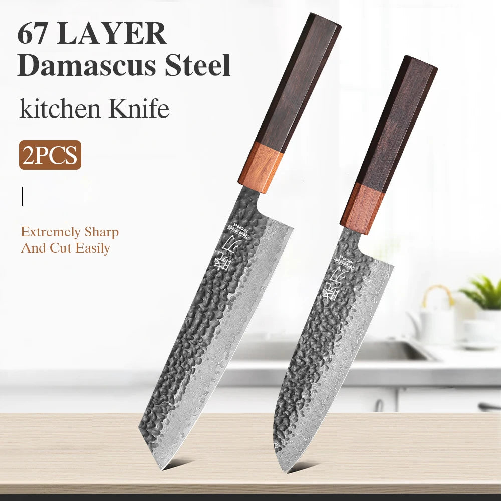 1PC-3PCS Professional Kitchen Knives Set Japanese Handmade 67 Layer Damascus Steel Kiritsuke Chef Knife Santoku Paring Knife
