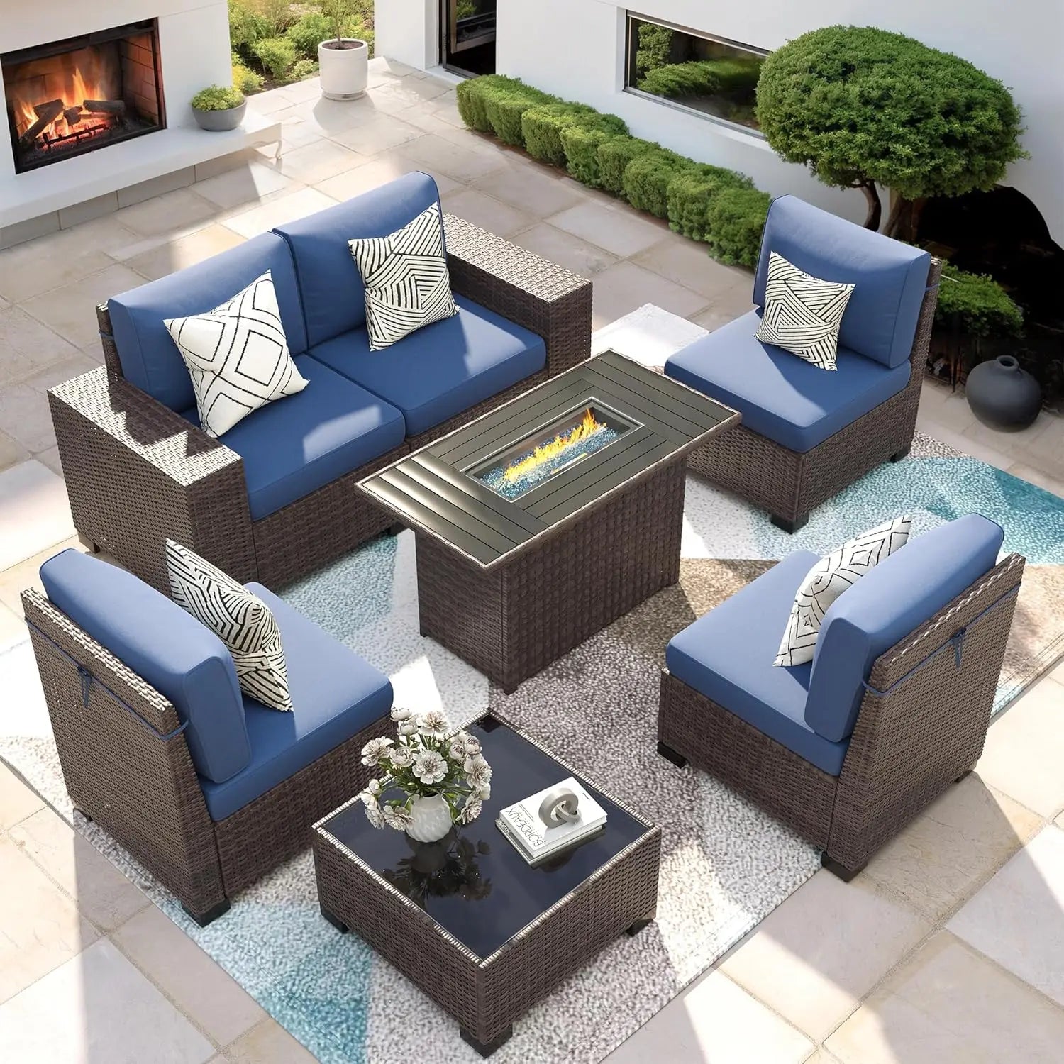 Patio Furniture Set with Fire Pit Table, 7 Piece Outdoor Sectional Conversation Sets Wicker Rattan Sectional Sofa,