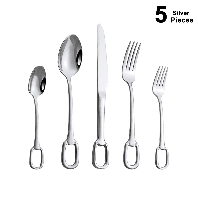 5Pcs Luxury Tableware Set tainless Steel Knife Fork Spoon Cutlery Set Elegant Dinnerware Set Hangable Design Customizable Logo