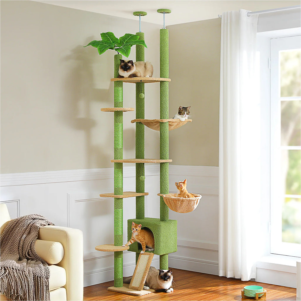 Height Adjustable Wooden Cat Tree with Large Hammock Sisal Scratching Posts, Floor to Ceiling Cat Tower