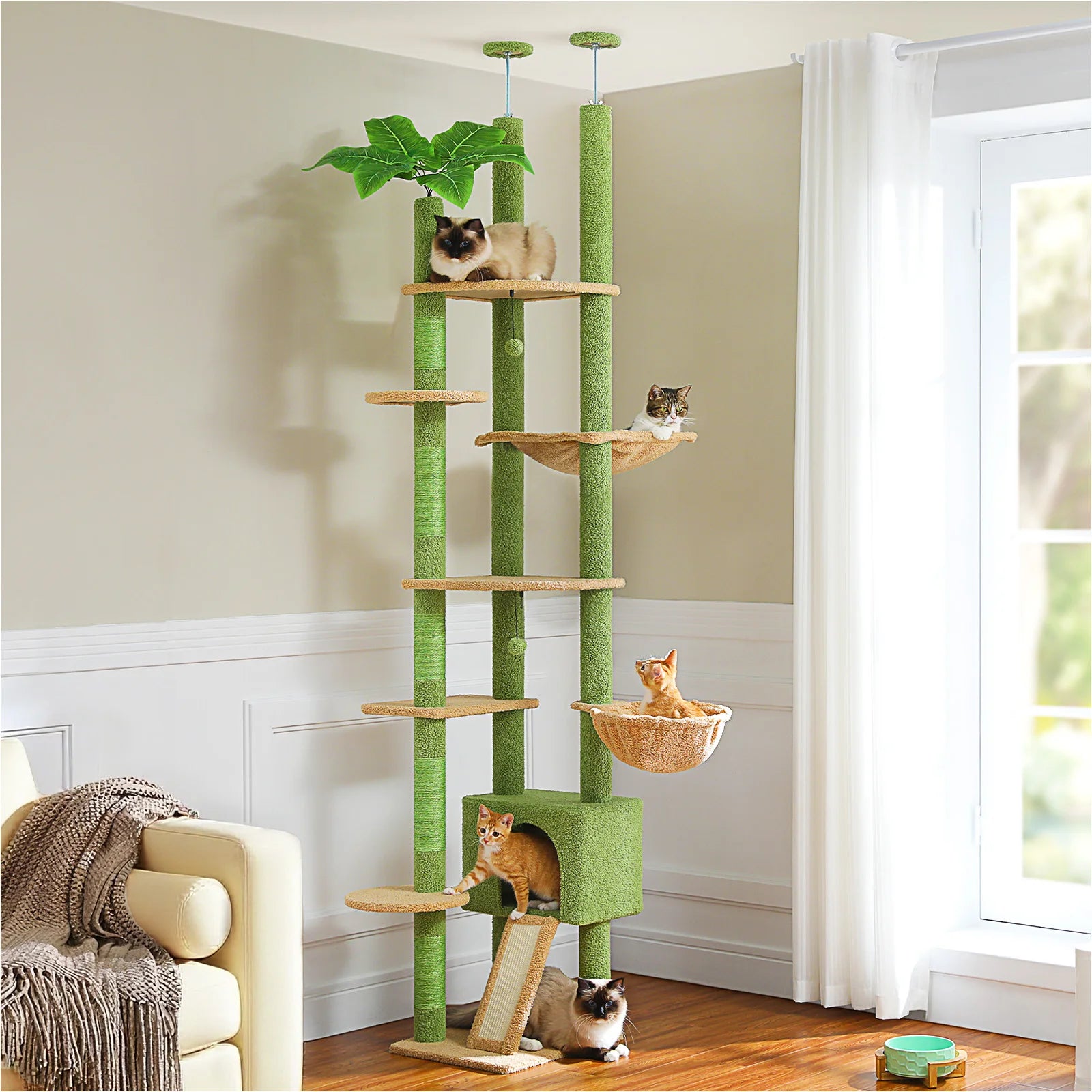 Height Adjustable Wooden Cat Tree with Large Hammock Sisal Scratching Posts, Floor to Ceiling Cat Tower